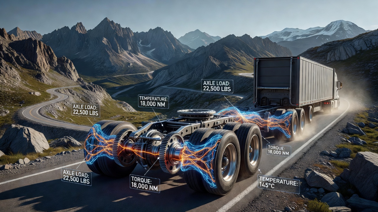 Sensor data display showing axle stress readings from trucks on mountain routes